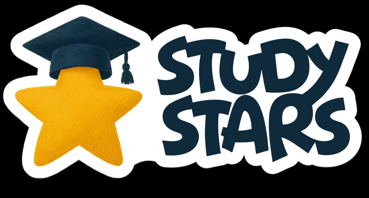 StudyStars: een gele ster met een donkerblauw baret, naast het handgeschilderde STUDY STARS-woordmerk.